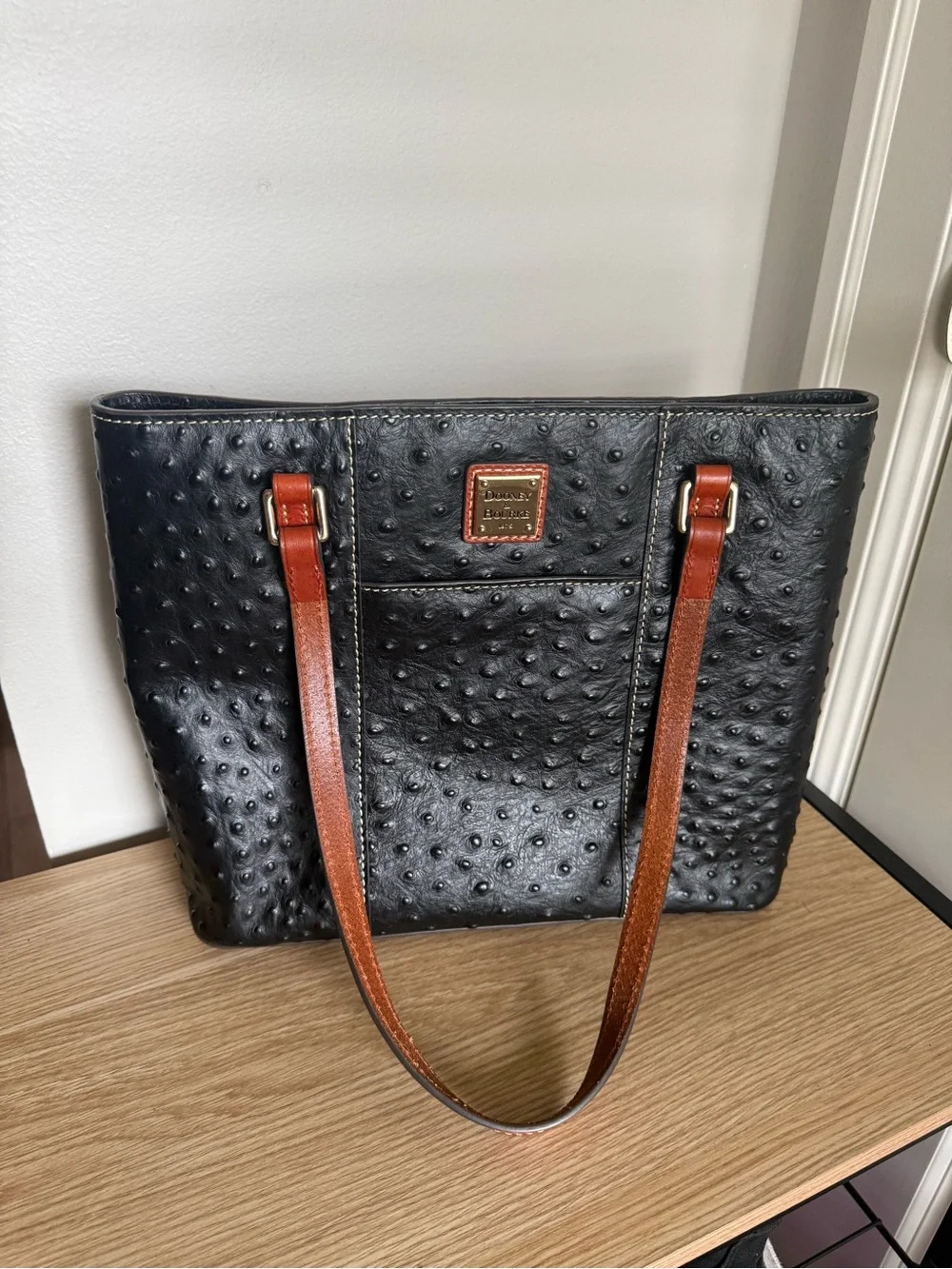 Dooney & Bourke Black Ostrich-Embossed Tote with Brown Straps